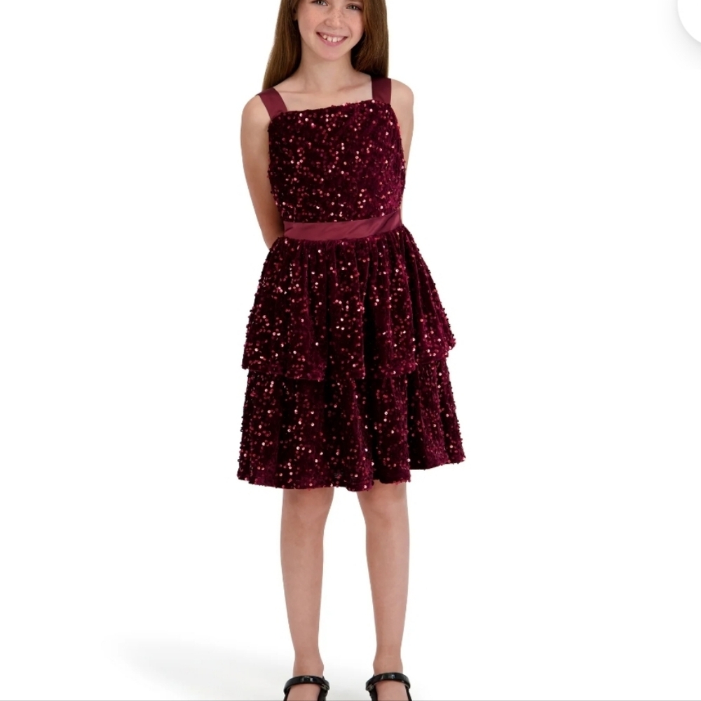 Kensie Girl Sleeveless Velvet Dress with Sequins, Burgundy Color